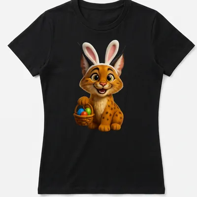 Cartoon Caracal in bunny ears surrounded by colorful Easter eggs — printed on a women's shirt