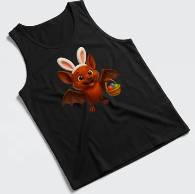 Cute cartoon of a little red flying fox with an Easter basket full of eggs — printed on a tank top
