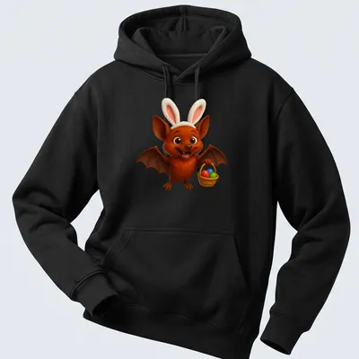 Cute cartoon of a little red flying fox with an Easter basket full of eggs — printed on a unisex hoodie