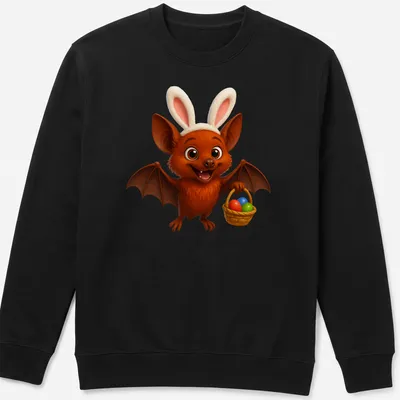 Cute cartoon of a little red flying fox with an Easter basket full of eggs — printed on a unisex sweatshirt