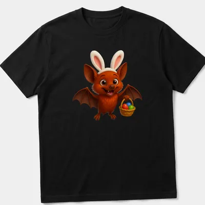 Cute cartoon of a little red flying fox with an Easter basket full of eggs