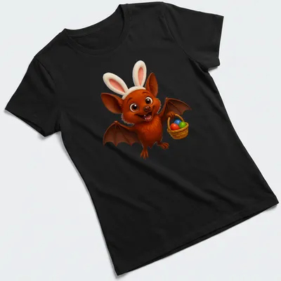 Cute cartoon of a little red flying fox with an Easter basket full of eggs — printed on a women's shirt