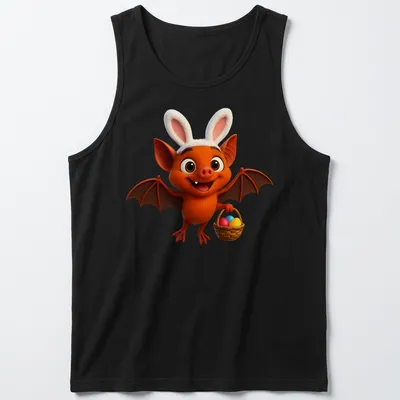 Kawaii cartoon bat holding a basket of colorful Easter eggs. — printed on a tank top