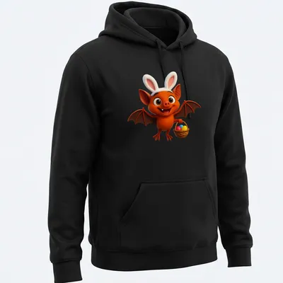 Kawaii cartoon bat holding a basket of colorful Easter eggs. — printed on a unisex hoodie