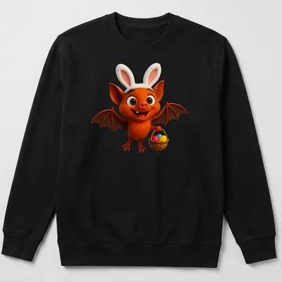 Kawaii cartoon bat holding a basket of colorful Easter eggs. — printed on a unisex sweatshirt