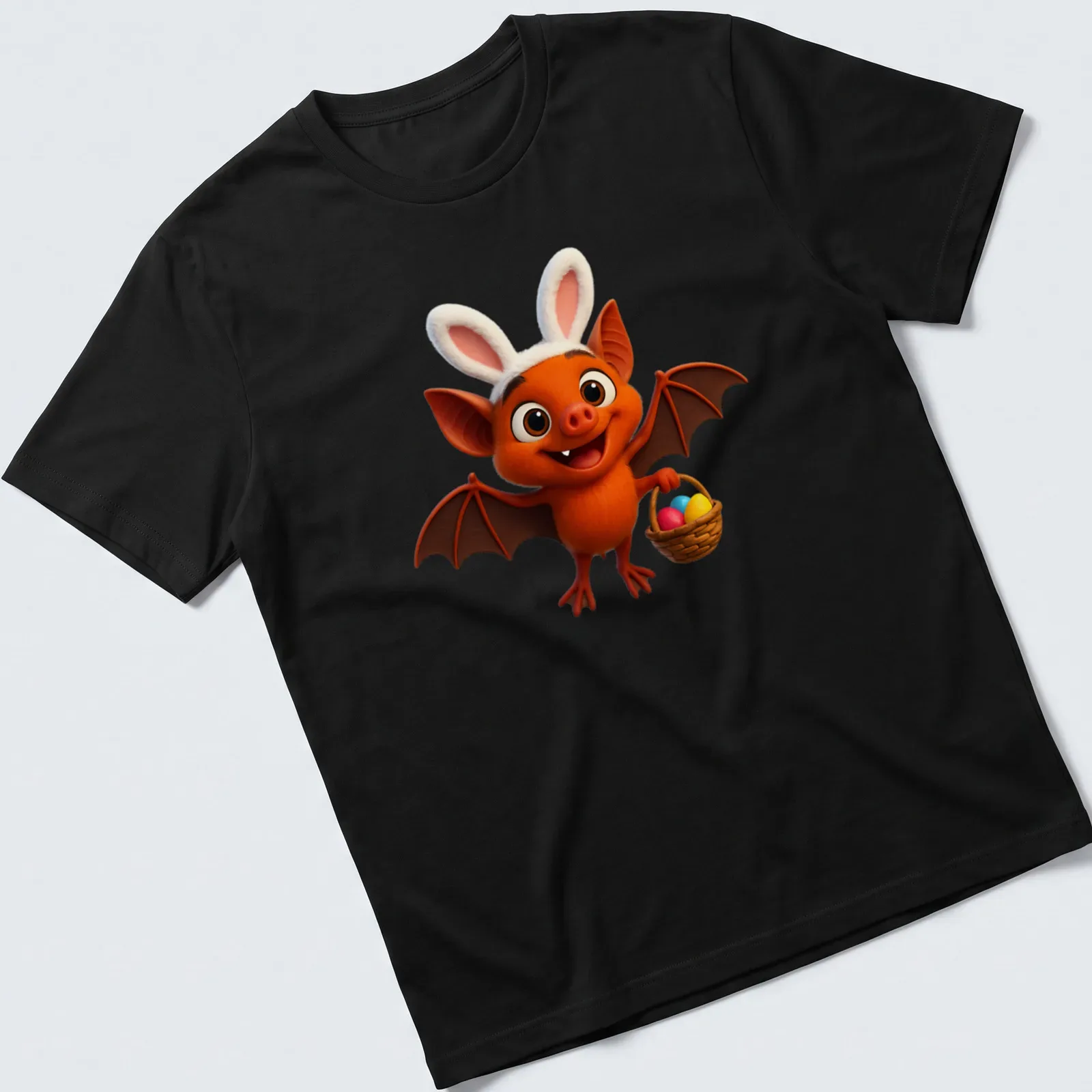 Kawaii cartoon bat holding a basket of colorful Easter eggs. — printed on a unisex t-shirt
