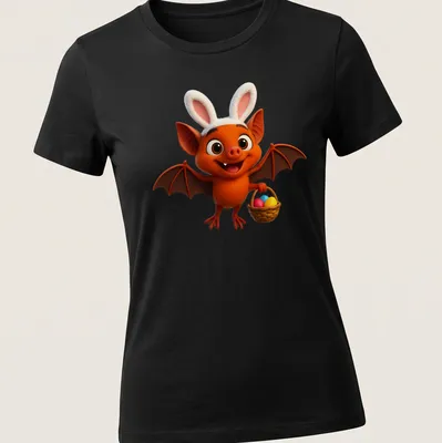 Kawaii cartoon bat holding a basket of colorful Easter eggs. — printed on a women's shirt
