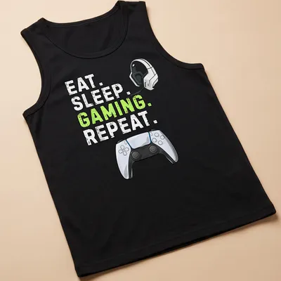 Bold gaming tee with graphic text 'Eat Sleep Gaming Repeat' and controller design — printed on a tank top