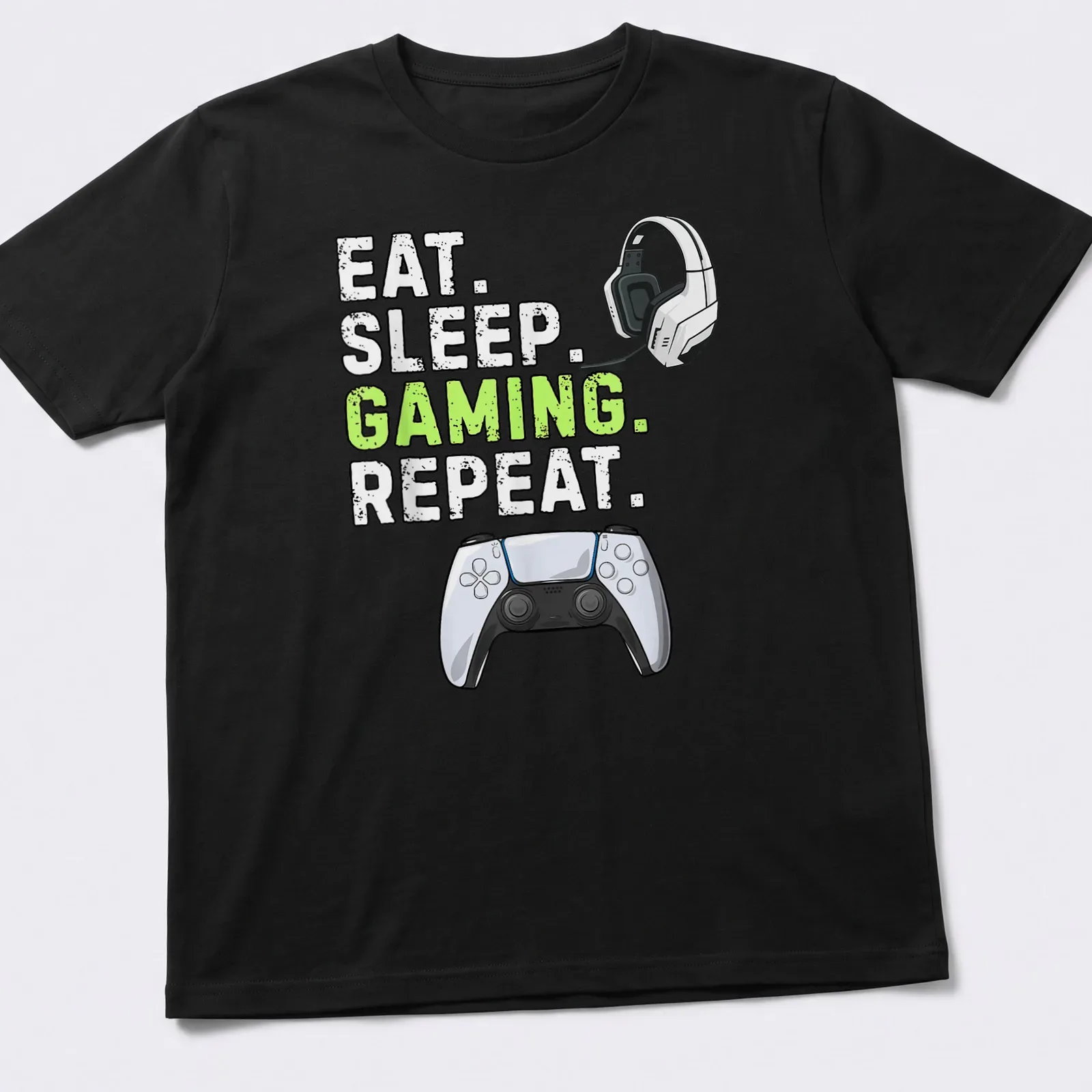 Bold gaming tee with graphic text 'Eat Sleep Gaming Repeat' and controller design — printed on a unisex t-shirt