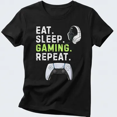 Bold gaming tee with graphic text 'Eat Sleep Gaming Repeat' and controller design — printed on a women's shirt