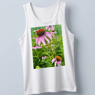 Photographic print of pink and purple coneflowers with text Echinacea In Bloom — printed on a tank top