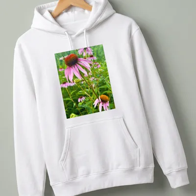 Photographic print of pink and purple coneflowers with text Echinacea In Bloom — printed on a unisex hoodie
