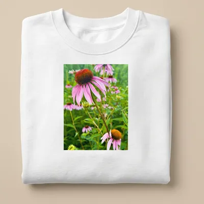 Photographic print of pink and purple coneflowers with text Echinacea In Bloom — printed on a unisex sweatshirt