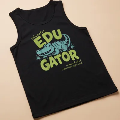 Playful cartoon alligator with text about educators in light green and teal — printed on a tank top