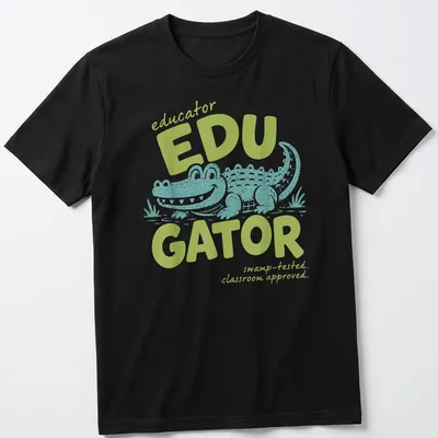 Playful cartoon alligator with text about educators in light green and teal