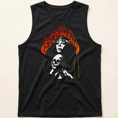 Electric Wizard t-shirt featuring a skull with candles and flames in bold colors — printed on a tank top