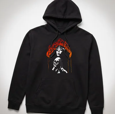 Electric Wizard t-shirt featuring a skull with candles and flames in bold colors — printed on a unisex hoodie