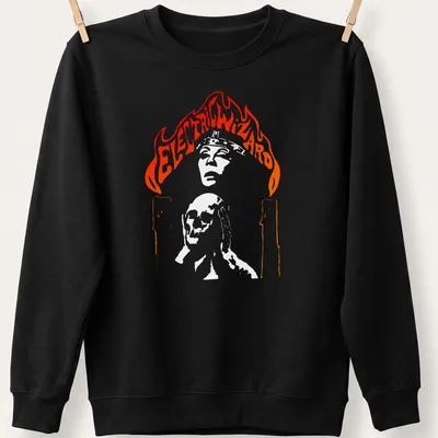 Electric Wizard t-shirt featuring a skull with candles and flames in bold colors — printed on a unisex sweatshirt