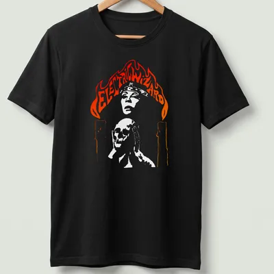 Electric Wizard t-shirt featuring a skull with candles and flames in bold colors