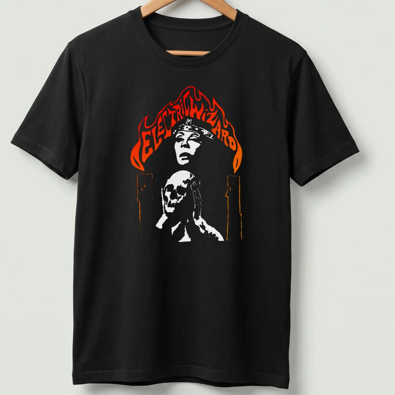 Electric Wizard t-shirt featuring a skull with candles and flames in bold colors — printed on a unisex t-shirt
