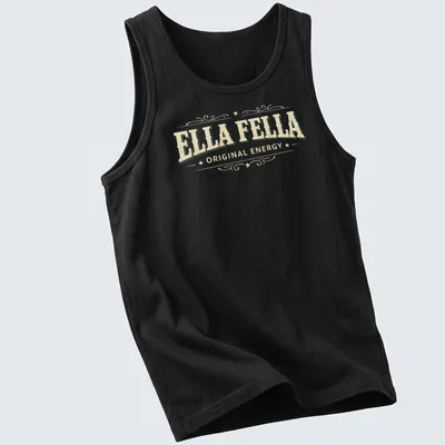 Vintage distressed t-shirt featuring a banner design with the text ELLA FELLA ORIGINAL ENERGY — printed on a tank top