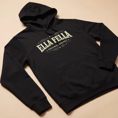 Vintage distressed t-shirt featuring a banner design with the text ELLA FELLA ORIGINAL ENERGY — printed on a unisex hoodie