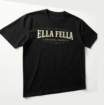 Vintage distressed t-shirt featuring a banner design with the text ELLA FELLA ORIGINAL ENERGY — printed on a unisex t-shirt (angled view)