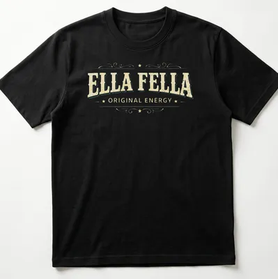 Vintage distressed t-shirt featuring a banner design with the text ELLA FELLA ORIGINAL ENERGY