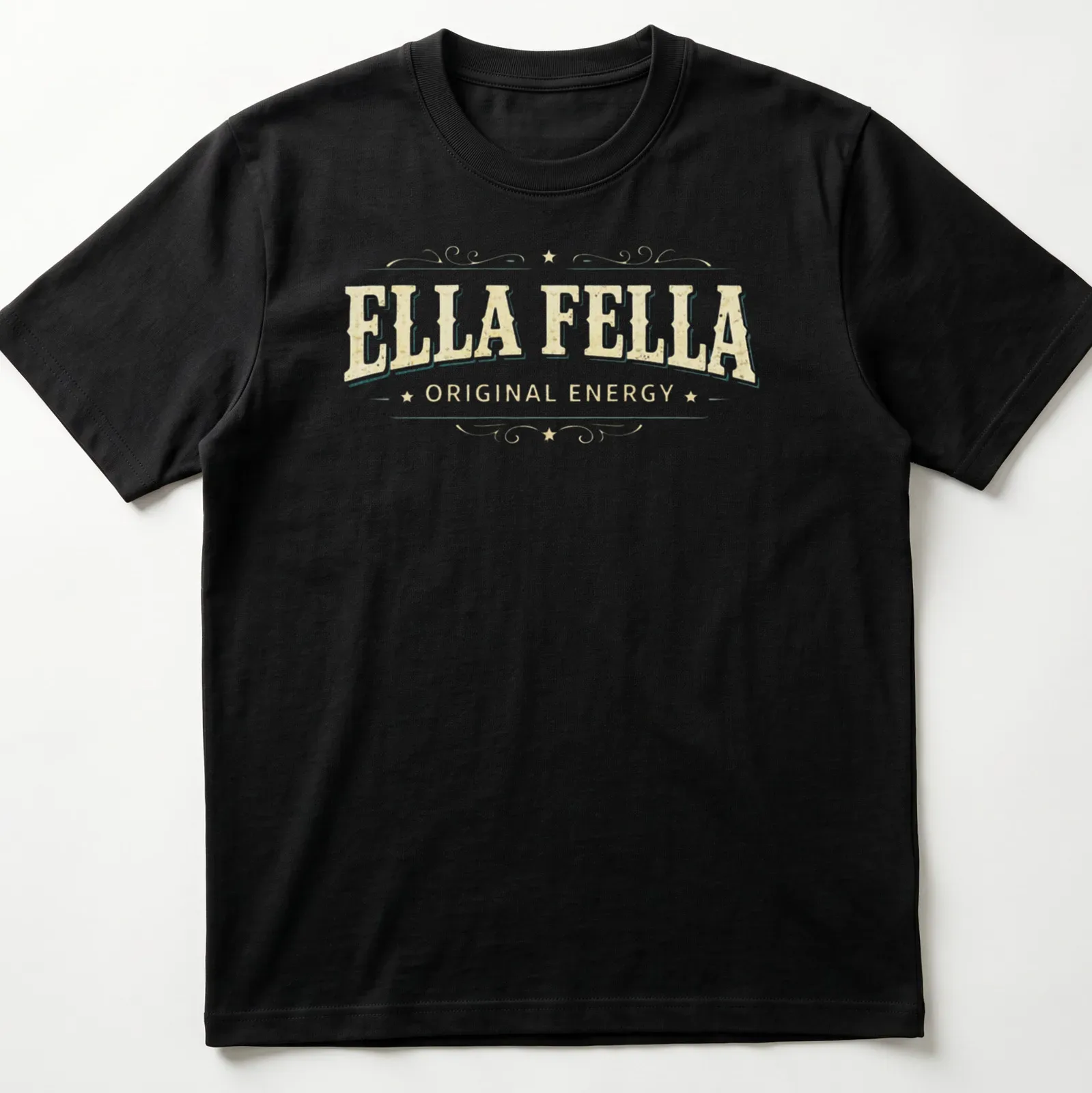 Vintage distressed t-shirt featuring a banner design with the text ELLA FELLA ORIGINAL ENERGY — printed on a unisex t-shirt