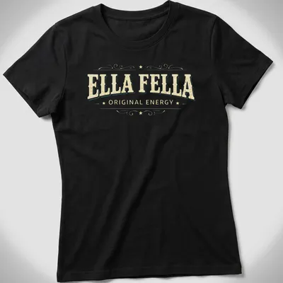 Vintage distressed t-shirt featuring a banner design with the text ELLA FELLA ORIGINAL ENERGY — printed on a women's shirt