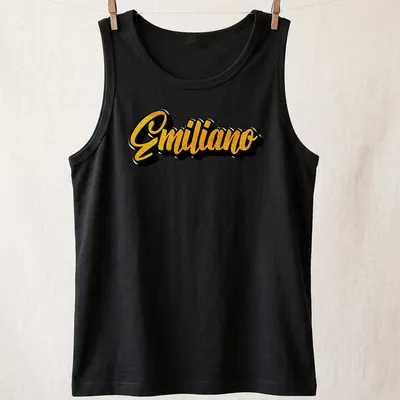 Personalized t-shirt featuring the name Emiliano in bold yellow script — printed on a tank top
