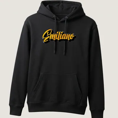 Personalized t-shirt featuring the name Emiliano in bold yellow script — printed on a unisex hoodie