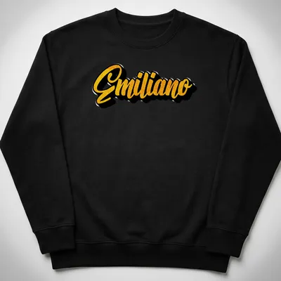 Personalized t-shirt featuring the name Emiliano in bold yellow script — printed on a unisex sweatshirt