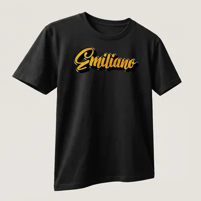 Personalized t-shirt featuring the name Emiliano in bold yellow script — printed on a unisex t-shirt (angled view)