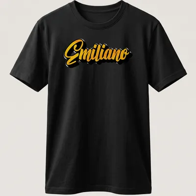 Personalized t-shirt featuring the name Emiliano in bold yellow script — printed on a unisex t-shirt