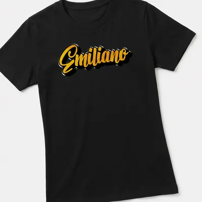 Personalized t-shirt featuring the name Emiliano in bold yellow script — printed on a women's shirt