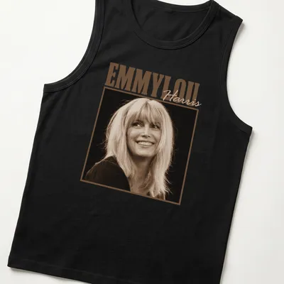 Vintage portrait of Emmylou Harris printed in cream, brown, and black. — printed on a tank top