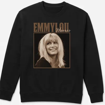Vintage portrait of Emmylou Harris printed in cream, brown, and black. — printed on a unisex sweatshirt