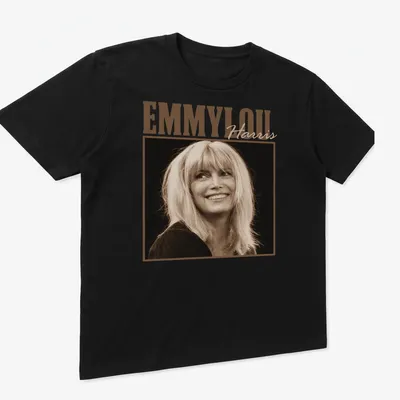Vintage portrait of Emmylou Harris printed in cream, brown, and black. — printed on a unisex t-shirt (angled view)