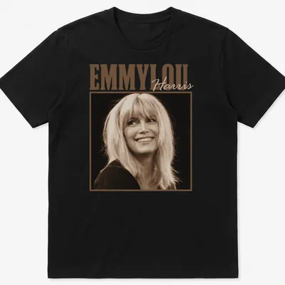 Vintage portrait of Emmylou Harris printed in cream, brown, and black.
