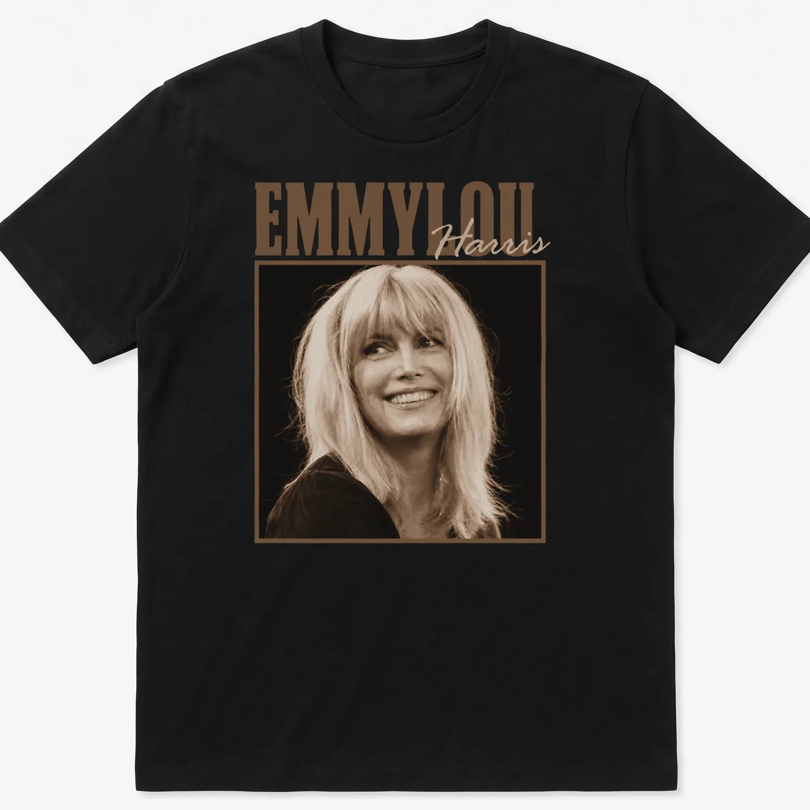 Vintage portrait of Emmylou Harris printed in cream, brown, and black. — printed on a unisex t-shirt