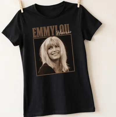 Vintage portrait of Emmylou Harris printed in cream, brown, and black. — printed on a women's shirt