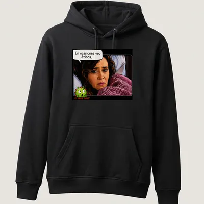 Comic style illustration of a worried woman with a virus and text in pink and green — printed on a unisex hoodie
