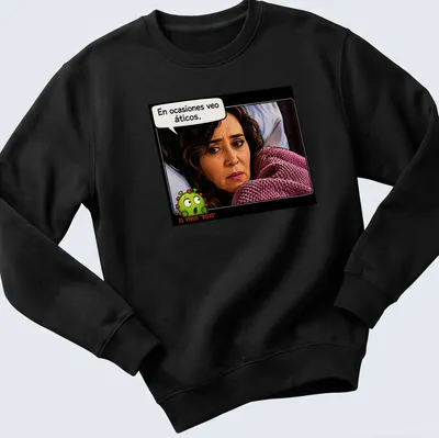 Comic style illustration of a worried woman with a virus and text in pink and green — printed on a unisex sweatshirt