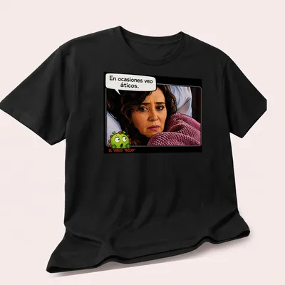 Comic style illustration of a worried woman with a virus and text in pink and green — printed on a unisex t-shirt (angled view)