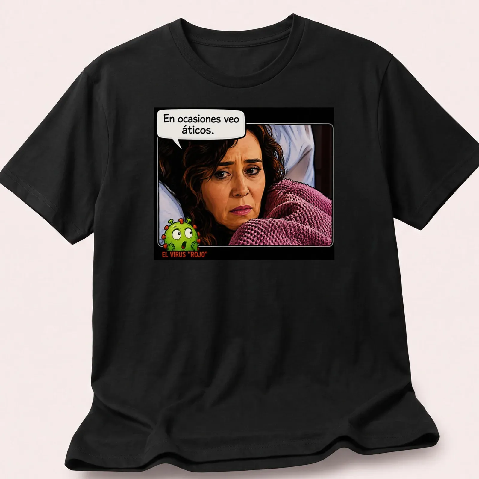 Comic style illustration of a worried woman with a virus and text in pink and green — printed on a unisex t-shirt
