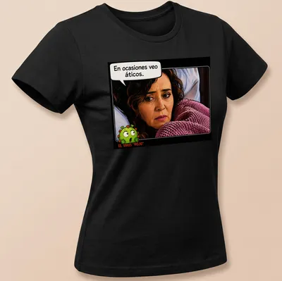 Comic style illustration of a worried woman with a virus and text in pink and green — printed on a women's shirt