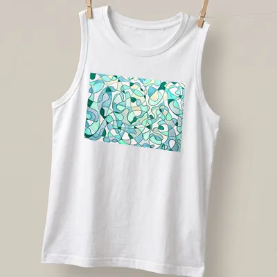 Abstract organic shapes in mint, teal, light green, and white with the text 'Entangled Currents' — printed on a tank top
