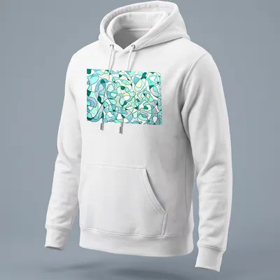 Abstract organic shapes in mint, teal, light green, and white with the text 'Entangled Currents' — printed on a unisex hoodie