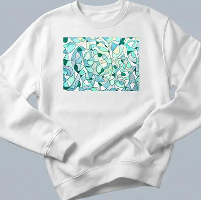 Abstract organic shapes in mint, teal, light green, and white with the text 'Entangled Currents' — printed on a unisex sweatshirt